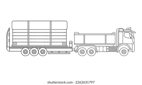 Hand drawn Vector illustration color children construction semi trailer truck with large wooden shipping crate clipart