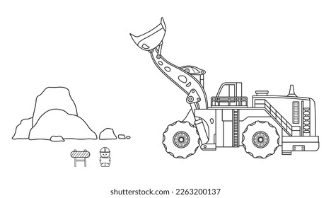 Hand drawn Vector illustration color children construction large wheel loader with big rocks and construction worker clipart