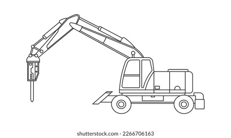 Hand drawn Vector illustration color children construction mini wheeled drill excavator construction machine clipart