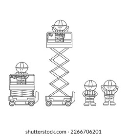 Hand drawn Vector illustration color children construction workers and mini scissor lift construction machine clipart