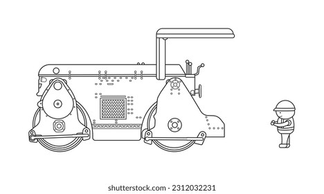 Hand drawn Vector illustration color children construction vintage road roller construction machine clipart