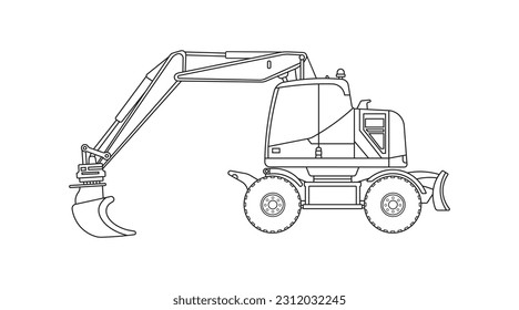 Hand drawn Vector illustration color children construction hydraulic rock breaker crawler excavator construction machine clipart
