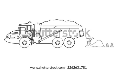 Hand drawn Vector illustration color children construction articulated hauler dump truck with construction worker clipart