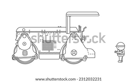Hand drawn Vector illustration color children construction vintage road roller construction machine clipart
