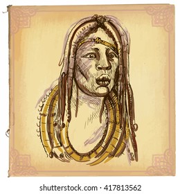 An hand drawn vector illustration, colored line art. AFRICAN, portrait. Freehand sketch of face of an African warrior. Hand drawings are editable in layers and groups. Colored background, is isolated.