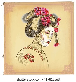 An hand drawn vector illustration, colored line art. GEISHA. Freehand sketch of head of an Japan woman. Hand drawings are editable in layers and groups. Colored paper, background, is isolated.
