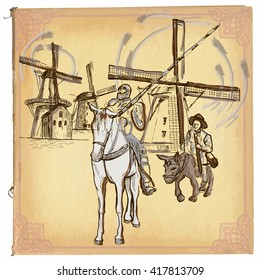 Hand drawn vector illustration, colored line art. DON QUIJOTE (DON QUIXOTE). Freehand sketch of Don Quixote knight in front of windmills. Hand drawings are editable in groups. Background is isolated.