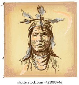 An Hand Drawn Vector Illustration, Colored Line Art.Native American.Freehand Sketch Of An North American Indian.Hand Drawings Are Editable In Layers And Groups.Colored Paper, Background, Is Isolated.