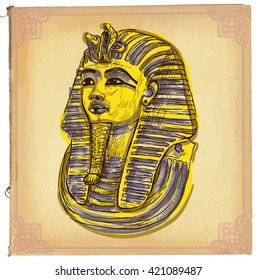 Hand drawn vector illustration, colored line art. TUTANKHAMEN pharaoh mask. Freehand sketch of death mask of egyptian pharaoh. Hand drawings are editable in layers and groups. Background, is isolated.