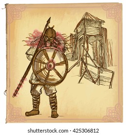An hand drawn vector illustration, colored line art. VIKING. Freehand sketch of an warrior, Viking, standing in front of tower of wood. Hand drawings are editable in groups. Colored paper is isolated.