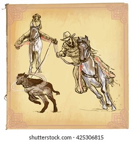 An hand drawn vector illustration, colored line art. RODEO. Freehand sketch of an cowboy on horse catches to lasso a calf, behind him on horseback is cowgirl. Hand drawings are editable in groups.