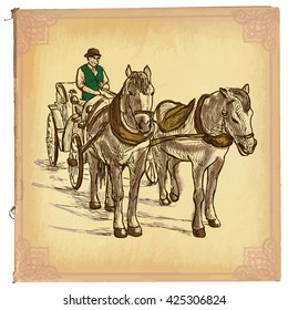 An hand drawn vector illustration, colored line art. HORSES and CART. Freehand sketch of an teamster on horse drawn carriage. Hand drawings are editable in groups. Colored paper is isolated.