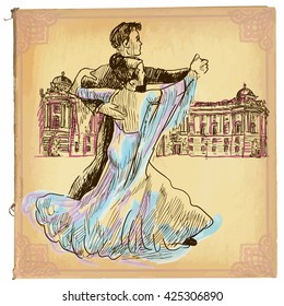 An hand drawn vector illustration, colored line art. DANCING PAIR, waltz dance in Vienna. Freehand sketch of an young couple dancing. Hand drawings are editable in groups. Colored paper is isolated.