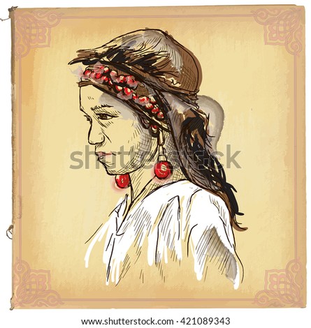 An hand drawn vector illustration, colored line art. YOUNG BEAUTY FROM LAOS. Freehand sketch of an Young woman from Asia. Hand drawings are editable in groups. Colored paper is isolated.