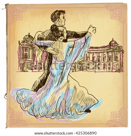 An hand drawn vector illustration, colored line art. DANCING PAIR, waltz dance in Vienna. Freehand sketch of an young couple dancing. Hand drawings are editable in groups. Colored paper is isolated.