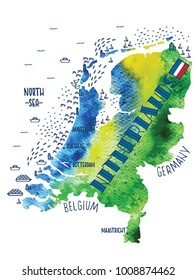 Hand drawn vector illustration. Colorful map of Netherlands with doodle icons and watercolor background