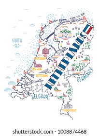 Hand drawn vector illustration. Colorful map of Netherlands with doodle icons.