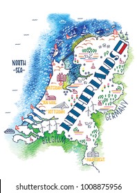 Hand drawn vector illustration. Colorful map of Nederlands with doodle icons and watercolor background