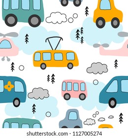 Hand drawn vector illustration colorful cute cartoon seamless pattern transport, helicopter and cloud on the white background for baby textile or decoration