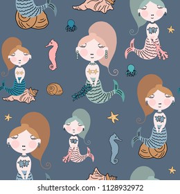 Hand drawn vector illustration colorful pastel seamless pattern cute cartoon sleeping little mermaid with seashells, jellyfish, seaweed and sea horse on the dark turquoise background for baby textile