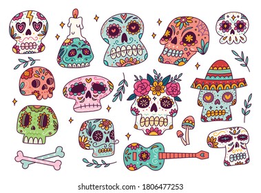 Hand drawn vector illustration of colorful sugar skull