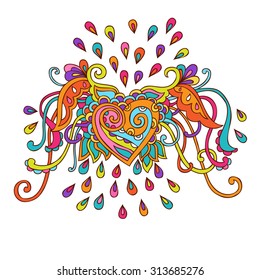 Hand drawn vector illustration of colorful doodle  winged heart.  Can be used for cards, invitations, fabrics, wallpapers, ornamental template for design and decoration, etc