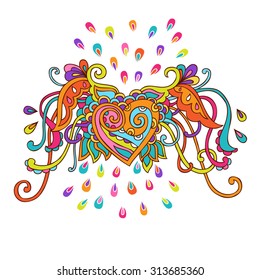 Hand drawn vector illustration of colorful doodle  winged heart.  Can be used for cards, invitations, fabrics, wallpapers, ornamental template for design and decoration, etc