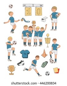 Hand drawn vector illustration with colorful soccer players, isolated on white background. Football accessories, happy winning team, training boys, sport accessories, boots, ball.