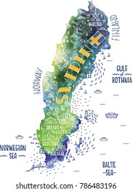 Hand drawn vector illustration. Colorful map of Sweden with doodle icons
and watercolor background.