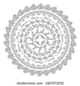 Hand drawn vector illustration for coloring book. Beautiful lace art or mandala, consist from lovely liny elements, hearts, flowers, wave lines. Different elements in each art