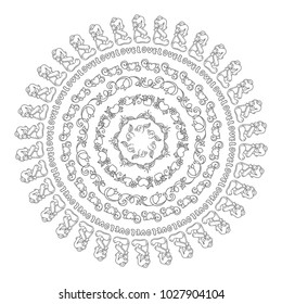 Hand drawn vector illustration for coloring book. Beautiful lace art or mandala, consist from lovely liny elements, hearts, flowers, wave lines. Different elements in each art