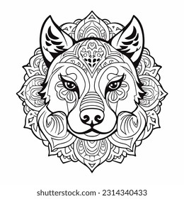 Vector dibujado a mano Ilustración de un libro de colores con perro lobo Mandala