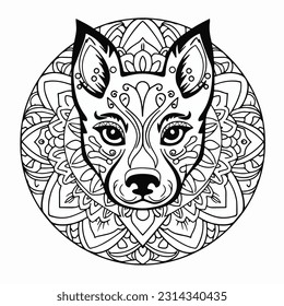 Hand drawn Vector Illustration Coloring Book and Wolf Dog Mandala