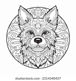 Vector dibujado a mano Ilustración de un libro de colores con perro lobo Mandala