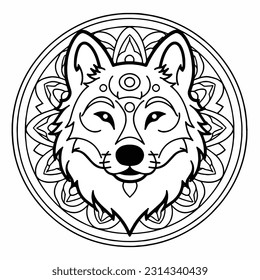 Vector dibujado a mano Ilustración de un libro de colores con perro lobo Mandala