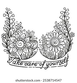 Hand drawn vector illustration, coloring for adults. Floral lace bra and text breast cancer awareness month. Banner background, medical symbol in October