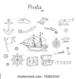 Hand drawn vector illustration coloring book Pirate set with ship, map, anchor, flag, helm, chest, telescope, compass with outline on white