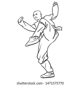 Hand drawn vector illustration of a comic shaolin monk in old traditional clothes standing there.