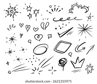 hand drawn vector illustration of comic clouds-embellishments for frames, callouts, arrows, etc. ink marker simple vector icons set-Line speed cartoon effect, boom explosive motion line element set. 