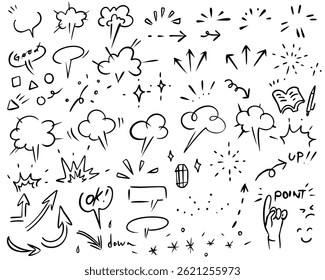 ilustração de vetor desenhado à mão de nuvens de quadrinhos-embelezamentos para quadros, textos explicativos, setas, etc. marcador de tinta ícones de vetor simples set-Line velocidade efeito de desenho animado, boom explosivo movimento linha elemento set. 