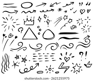 hand drawn vector illustration of comic clouds-embellishments for frames, callouts, arrows, etc. ink marker simple vector icons set-Line speed cartoon effect, boom explosive motion line element set. 