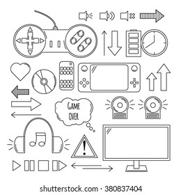 Hand drawn vector illustration - Computer games. Design elements in linear style. Icons set
