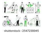 Hand drawn vector illustration concept of caring about ecology, waste sorting, green energy, transport. Set of people in doodle style. Save the planet