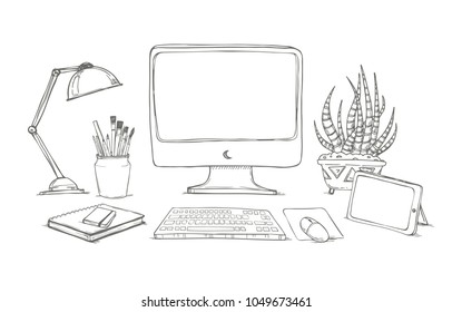 Handgezeichnete Vektorgrafik - Konzept des kreativen Bürobereichs. Arbeitsplatz mit Computer, Notebook, Tablet, Lampe, Dokumenten und Blumen