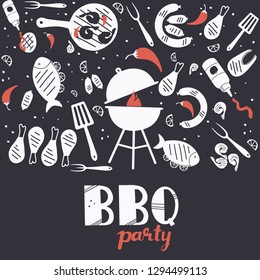 Hand drawn vector illustration concept. Grill and barbeque, steak restaurant design concept: text, meat, fish, sausages, ketchup. Freehand typography poster.