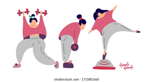 Hand drawn vector illustration, concept of home sports training and home gym. Sport and coach online. Sports marathon online training. Sat of girls doing sport exercise.