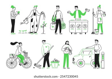 Hand drawn vector illustration concept of caring about ecology, waste sorting, green energy, transport. Set of people in doodle style. Save the planet