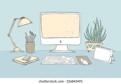 Hand drawn vector illustration -  Concept of creative office workspace. Working place with computer, notebook, tablet, lamp, documents and  flowers