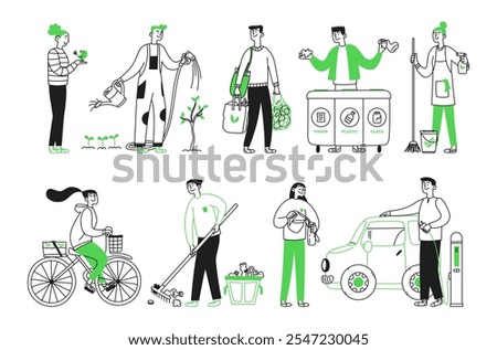 Hand drawn vector illustration concept of caring about ecology, waste sorting, green energy, transport. Set of people in doodle style. Save the planet