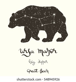 Hand drawn vector illustration of the constellation Ursa Major on the bear silhouette with several options of the writing